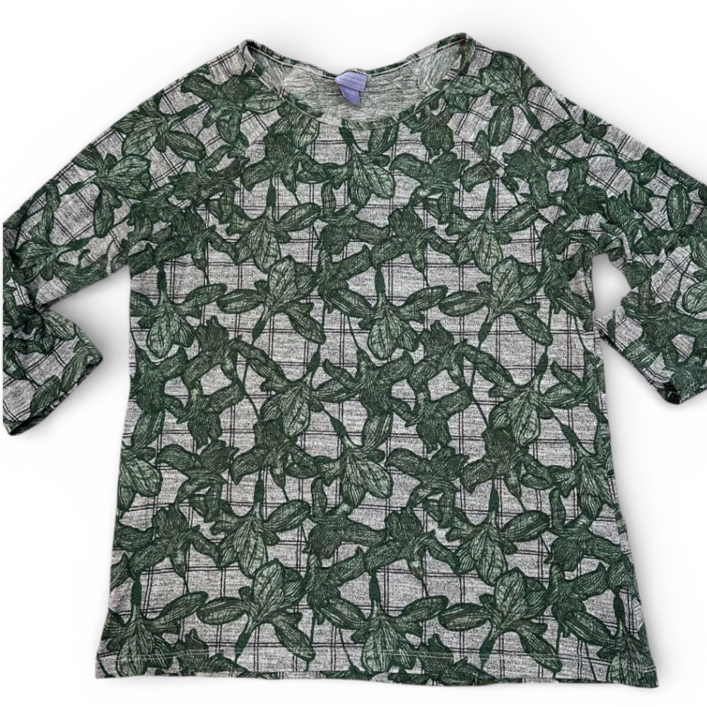 Laura Scott Women's Top, Light Green Floral Design, Size L
